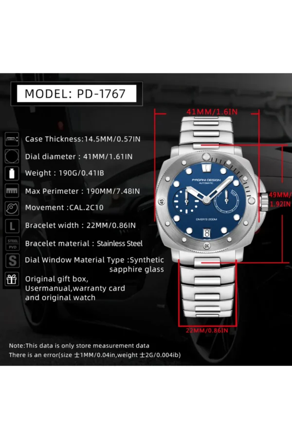 Pagani design Erkek 200M Su Geçirmez Çelik Saat Otomatik Mekanik Saat 41MM Safir Kristal Cam - Görsel 2