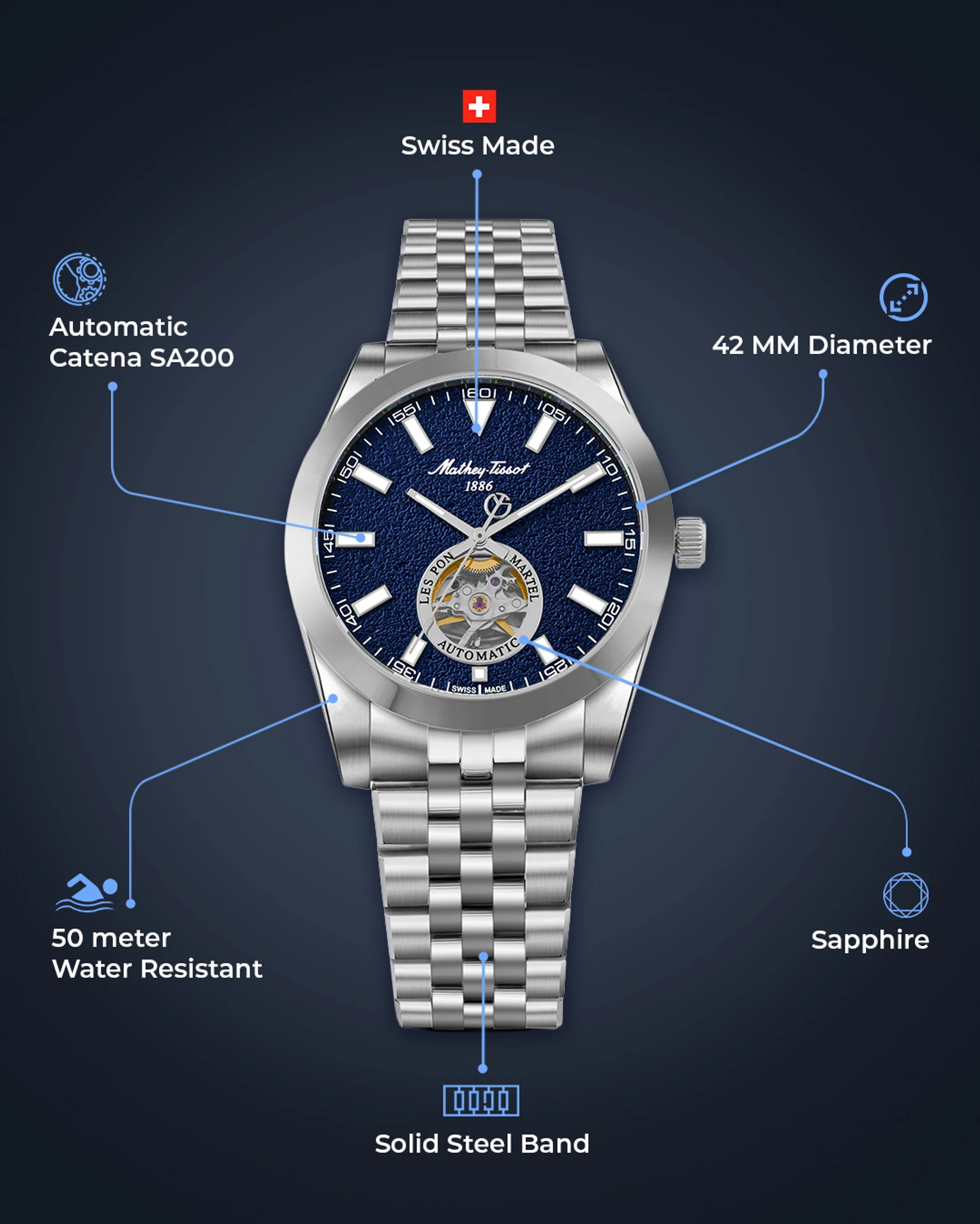 Mathey-Tissot EF1450ATABU Otomatik Erkek Kol Saati – Open Heart | Swiss Made 🇨🇭 - Görsel 3